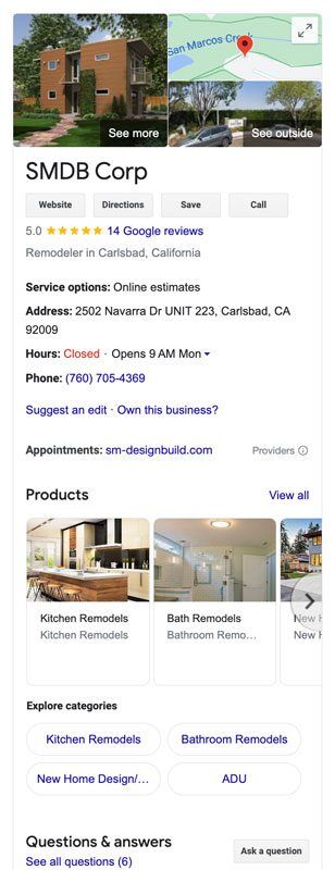 gbp-2 Google business listing for SMDB Corp, a remodeling service in Carlsbad, CA, with office hours and contact info. Includes images of kitchen and bathroom remodels, customer reviews, and service links.