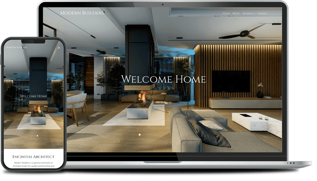 architects-laptop-mockup A modern living room with wooden panel walls displayed on a smartphone and a laptop screen. Text on both screens reads "Modern Builders" and "Welcome Home.